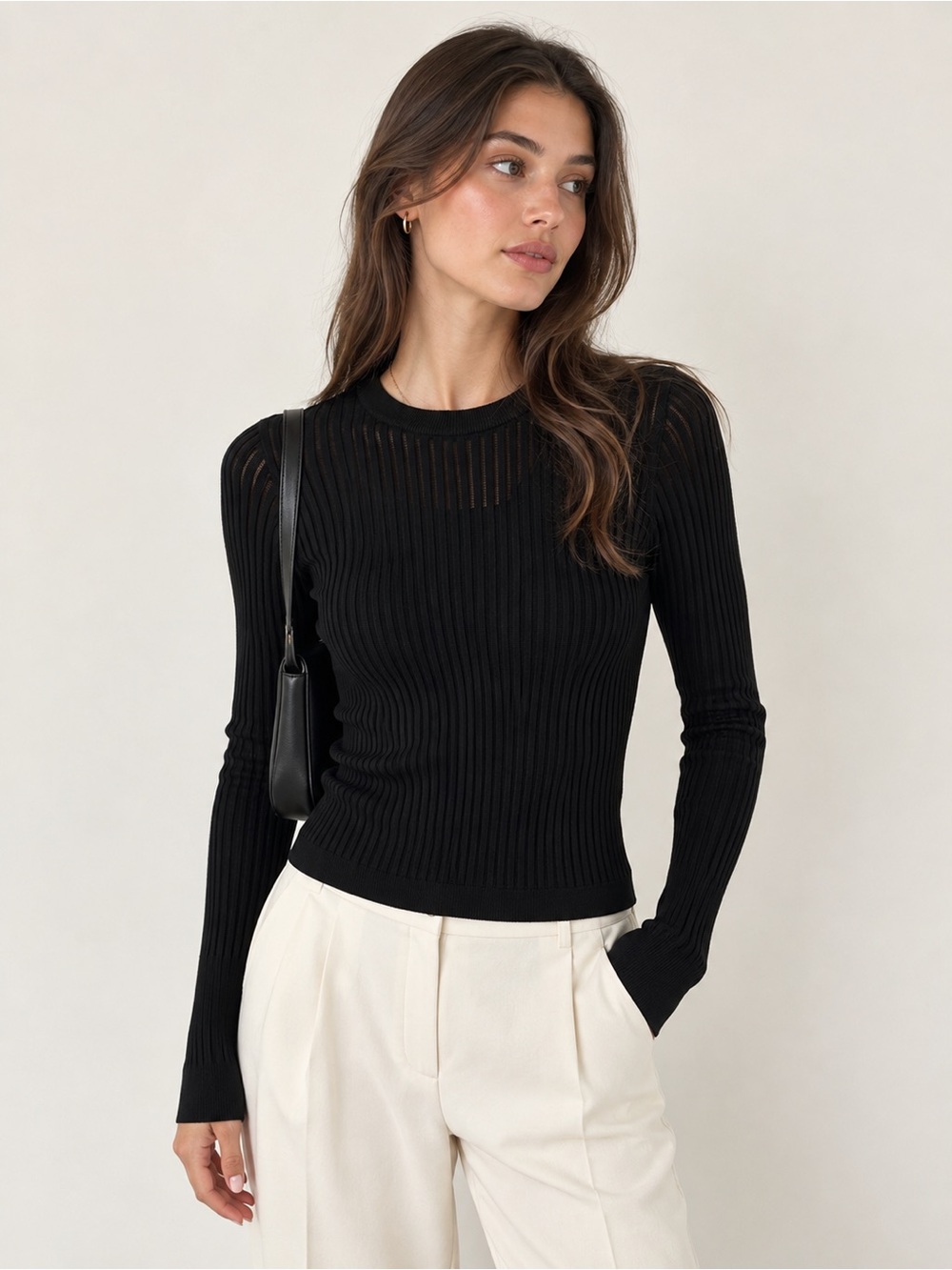 282 LOFT Versa Black Ribbed Sheer Sweater Petite Small Long Sleeve Fitted Top